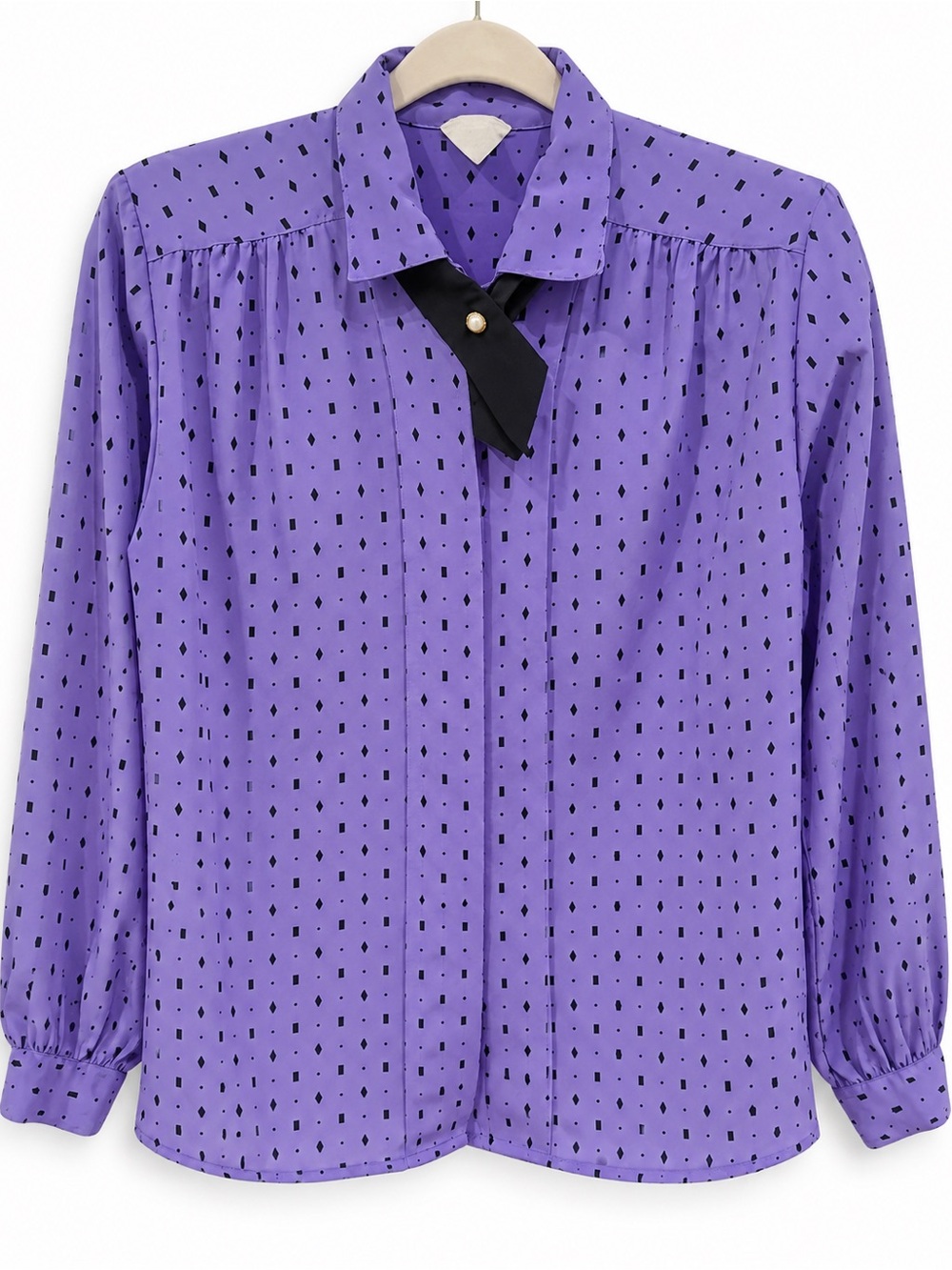 VTG Purple Geometric Print Blouse with Black Tie Detail